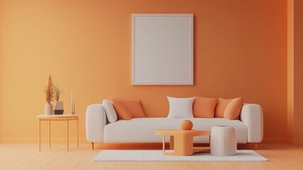 An interior design mockup in monochrome in pastel orange and pink tones. Trendy couch, coffee table, houseplants, poster template, creative interior details.