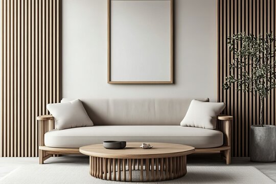 Grey sofa with big poster frame on it next to beige stucco wall. Modern living room with a boho, rustic interior design.