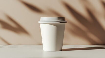 A white coffee cup with a lid sits on a table