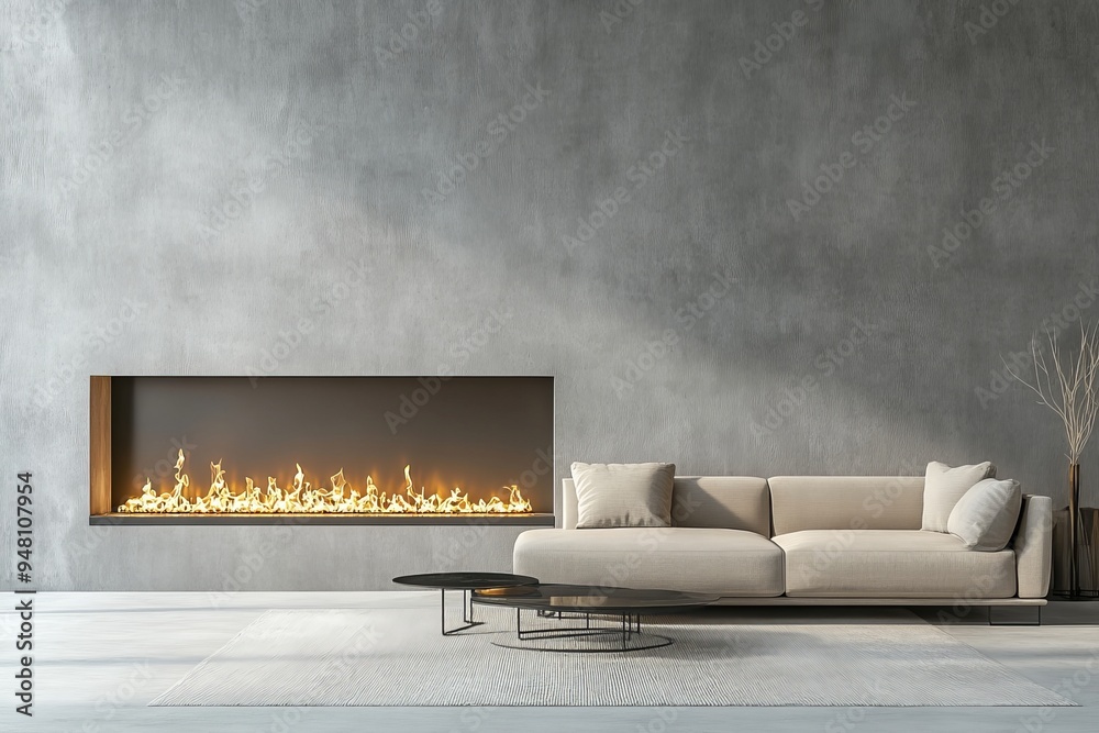 Poster an interior design with a minimalist style featuring a fireplace and concrete walls and a modern liv