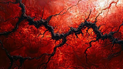 Crimson inferno. Abstract digital artwork depicting dark, twisted branches against a fiery red background, evoking imagery of molten lava or burning embers.