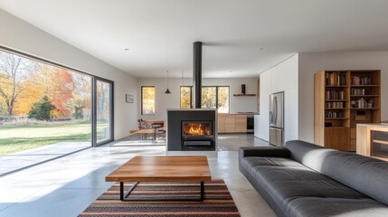 A minimalist style interior design of a modern living room with a fireplace and concrete walls created using generative design.