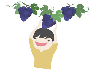 紫色のぶどう狩りをする子供