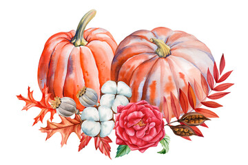 orange pumpkin, flowers, leaves on isolated white background, autumn poster, cards, watercolor illustration hand drawing
