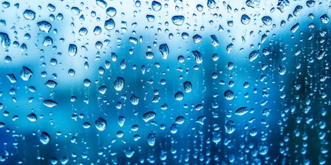 Artistic macro shot of clear water droplets on a glass surface reflecting blurred surroundings