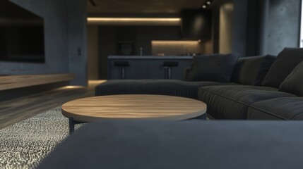 This modern black minimalist kitchen living room interior features an orange-lit sofa, wooden floors, panoramic windows, and panoramic windows that open into the kitchen.