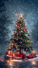 Obraz premium A beautifully decorated Christmas tree adorned with ornaments and surrounded by gifts during a snowy evening in a tranquil winter setting