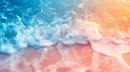 Obraz premium The ocean is blue and pink, with a wave crashing on the shore