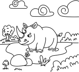 Drawing outline rhinoceros taking a bath in a lake.eps