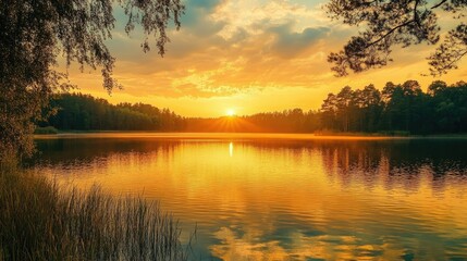 Fototapeta premium Scenic shot of a yellow sunset over a calm lake, with the sky and water reflecting golden hues