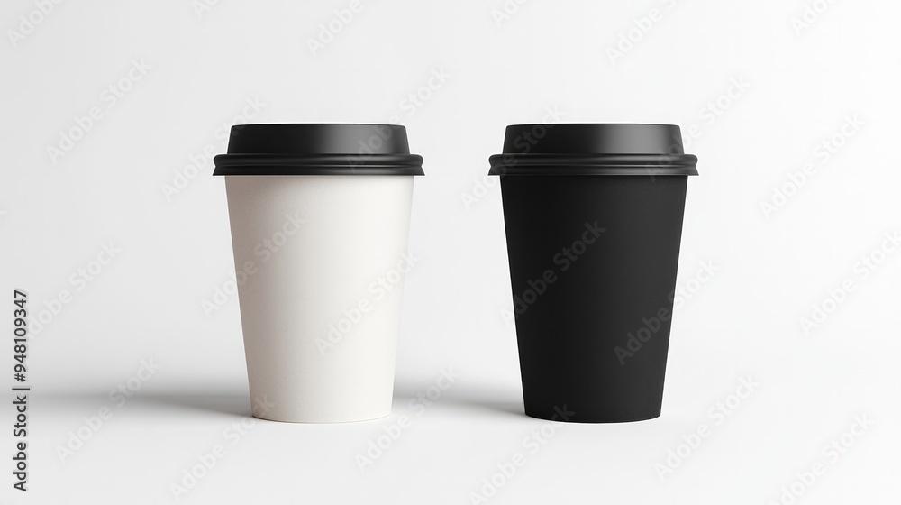 Wall mural Two cups, one white and one black, are sitting on a white background