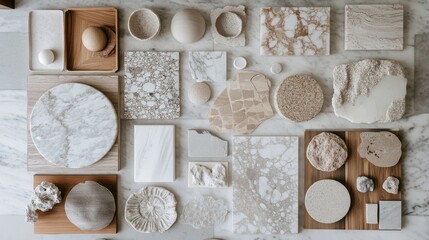 In this flat lay, marble, wood, and stone are displayed in neutral, earthy tones. Perfect for Pinterest.
