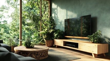 For interior design and home decor, this living room with a green sofa and plants has an emerald green background, with home staging copy space text.