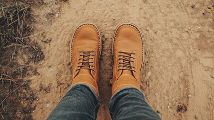 Top view of tan leather work boots standing on a dirt path, surrounded by dry grass and pebbles, symbolizing outdoor work or adventure