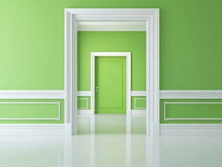 Fototapeta premium A green room with a white door and white trim