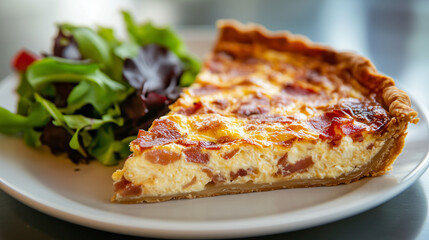 A classic French quiche Lorraine with a golden-brown crust, filled with a savory mixture of eggs, cream, crispy bacon, and sautÃ©ed onions, sliced and served on a white plate with a side of mixed