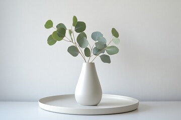 On an empty wall background, eucalyptus branches are arranged in a white ceramic vase