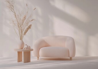 An interior wall mockup showing a pastel coral pink sofa, plaid, pendant lamp, table and plant on a beige wall background.