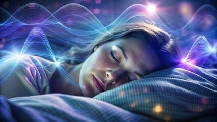 Peaceful woman sleeping with visual representation of circadian rhythms and waves in the background
