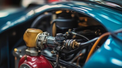 Obraz premium A blue car engine with a red cap on it