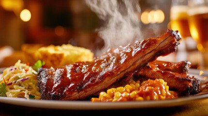 Deliciously glazed barbecue ribs served with coleslaw, corn, and cornbread on a warm wooden table with a cozy ambiance