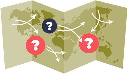 A confusing map with multiple arrows and question marks, symbolizing unclear directions and choices.