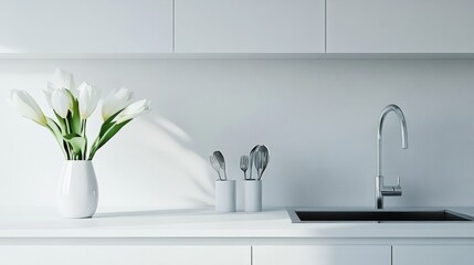 Fototapeta premium A white kitchen counter with a vase of white flowers and silverware