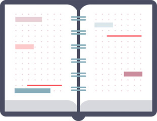 Open notebook with BulletJournal layout, doodles, and a red bookmark.