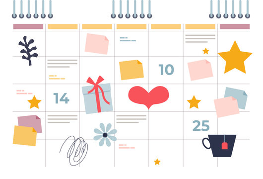 Colorful family planner with notes, gift, heart, and stars, symbolizing organized family activities and events.