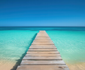 Obraz premium Tropical Paradise: Wooden Pier on Turquoise Beach, Crystal Clear Water and Blue Sky - Idyllic Summer Vacation Destination