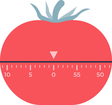 A tomato-shaped kitchen timer represents the Pomodoro Technique for productivity.