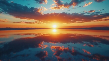 Fototapeta premium Sunset over a vast salt flats, with the sky perfectly reflected on its mirror-like surface.