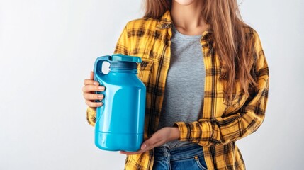 A woman is holding a blue container with a yellow and white plaid shirt