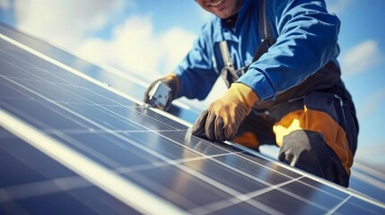 A man in a blue shirt and orange pants is working on a solar panel