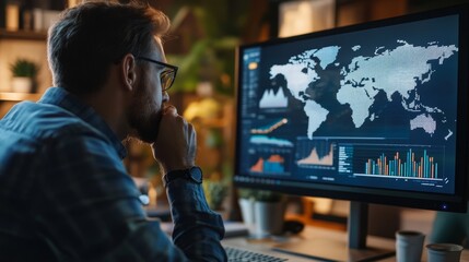 Businessman analyzing global economic default statistics on computer screen in modern office