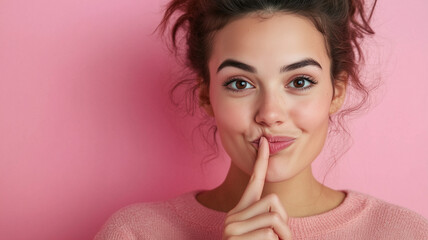 Fototapeta premium A woman with a playful expression, holding her finger to her lips in a shushing gesture, set against a soft pink background. Ai generated