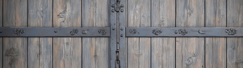 Worn Wooden Barn Doors with Iron Hinges, detailed textures of rustic wood, scattered hay, evoking a nostalgic country atmosphere, ideal for authentic backgrounds and designs