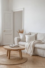 Living room with elegant home decor, a grey sofa, retro wooden table, mock-up poster frame, decoration, and carpet in a Scandinavian style.