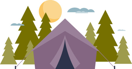 A camping tent in a forest under a sunset sky, symbolizing adventure and outdoor living. © VectorMine
