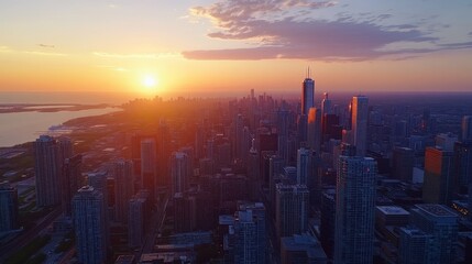 Fototapeta premium Breathtaking aerial view of a modern city skyline during golden hour, with skyscrapers silhouetted against a vibrant sunset sky