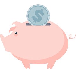 Cartoon piggy bank with a coin symbolizing savings and financial planning.