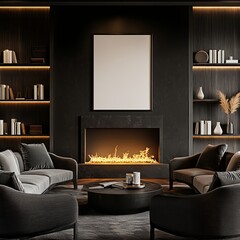 Interior of a living room with a white empty poster on a grey wall