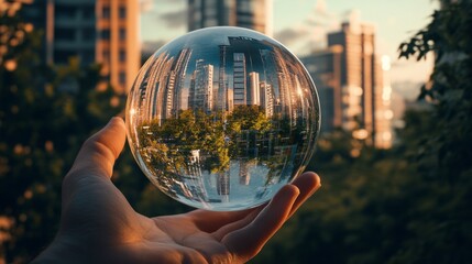 A hand holding a glass sphere with a city reflected in it - Powered by Adobe