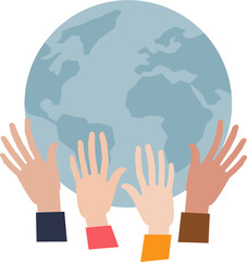 Illustration of diverse hands reaching towards a globe, symbolizing global unity and support.