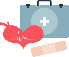 A first aid kit with a heart and pulse line, symbolizing emergency medical care.
