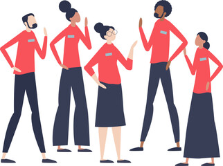 Obraz premium Illustration of diverse volunteers in red shirts, symbolizing teamwork and community service.