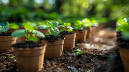 A row of potted plants with green leaves and brown soil