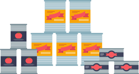 Illustration of stacked canned food with fish and fruit labels, symbolizing food storage and pantry organization.