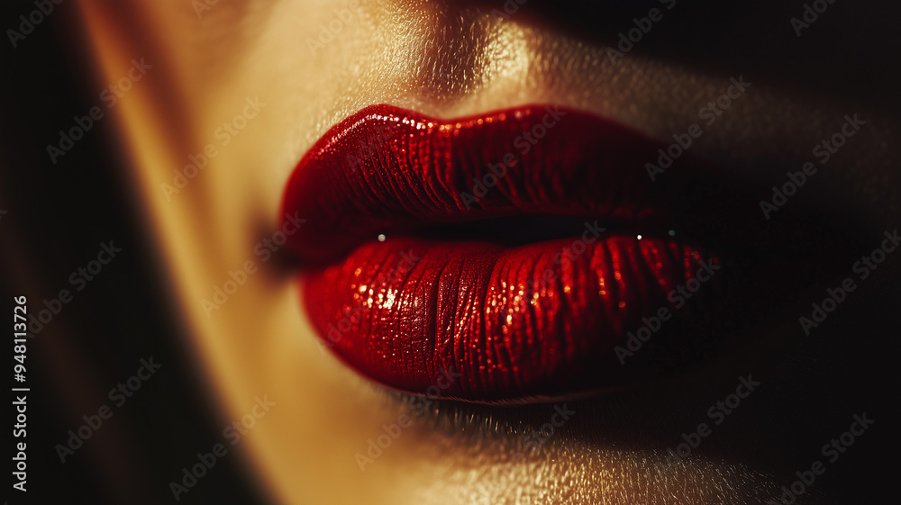 Wall mural Close-up shot of red lips slightly parted, as if gasping for air, with a soft light illuminating the natural texture and vibrant color. Ai generated