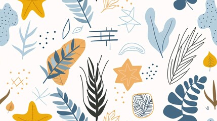 Botanical Abstract Seamless Pattern: A vibrant and contemporary seamless pattern featuring abstract botanical elements in shades of blue, yellow, and black on a white background.